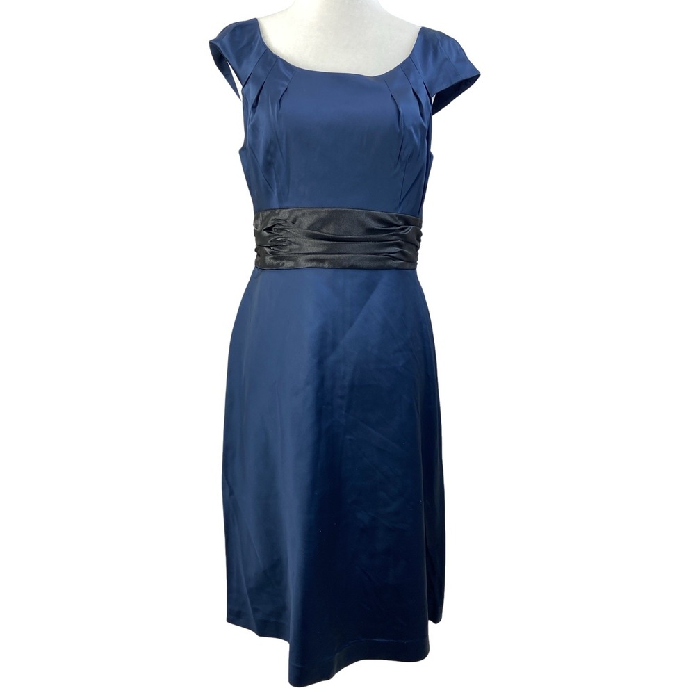 Adrianna Papell Dress Womens 8 Blue Satin Sheath Cap Sleeve Belted Bow Knee